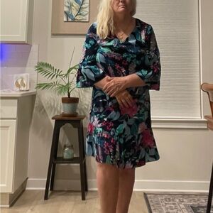 Chico's Summer Floral Turquoise Fuscia Graphic Mini Dress